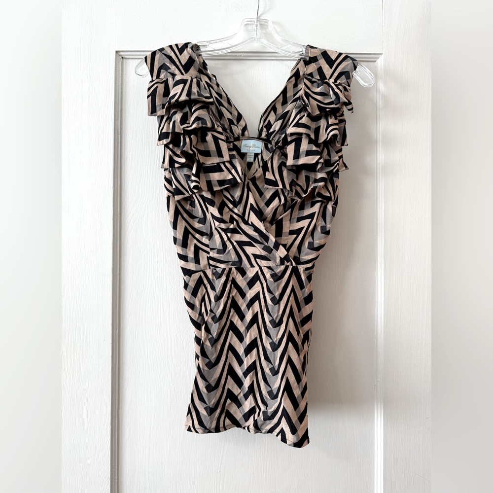 Tracy Reese | Silk Ebony Fancy Chevron Ruffle Blouse - Size 4